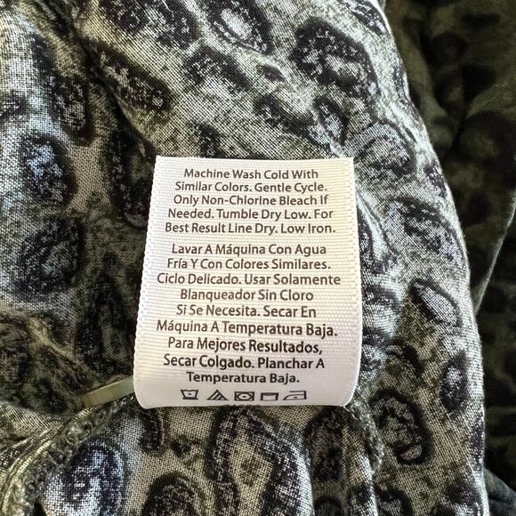 Green & Black Leopard Print Mini Dress Sz L Drawstring Rayon Casual Boho Animal - Picture 7 of 7